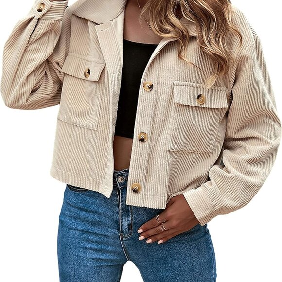 Women's Fashion Cropped Shacket Button Down Corduroy Shacket Jackets Casual Plai - Picture 1 of 5